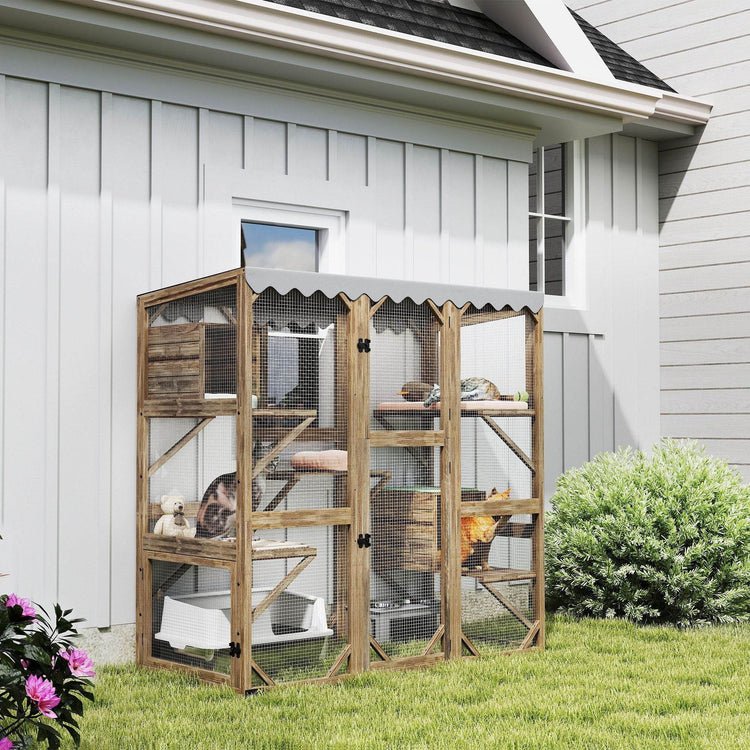 Large Outdoor Cat Enclosure with Window Access - 5-Level Catio with Waterproof Roof & Multiple Resting Houses for 2-3 Cats - The Max & Rex Collection