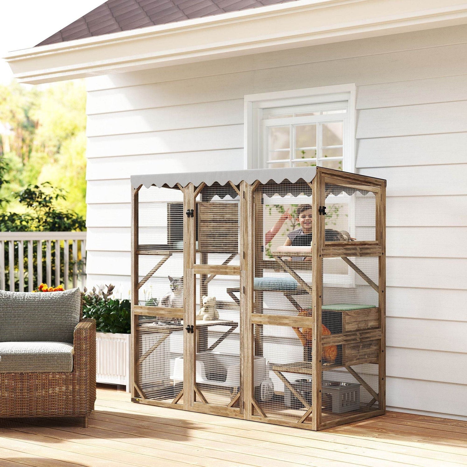 Large Outdoor Cat Enclosure with Window Access - 5-Level Catio with Waterproof Roof & Multiple Resting Houses for 2-3 Cats - The Max & Rex Collection
