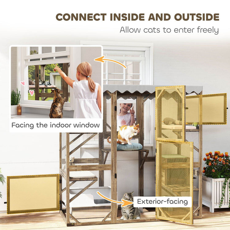 Large Outdoor Cat Enclosure with Window Access - 5-Level Catio with Waterproof Roof & Multiple Resting Houses for 2-3 Cats - The Max & Rex Collection