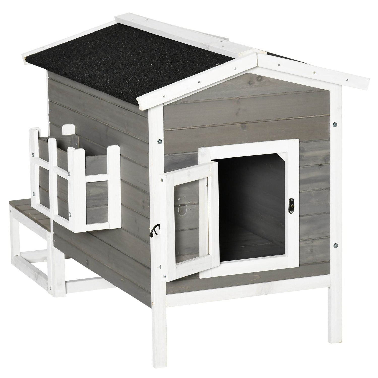 Weatherproof Outdoor Cat House with Porch & Escape Door - Feral Cat Shelter with Plant Stand | Dark Grey/White Wood Construction - The Max & Rex Collection