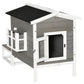 Weatherproof Outdoor Cat House with Porch & Escape Door - Feral Cat Shelter with Plant Stand | Dark Grey/White Wood Construction - The Max & Rex Collection