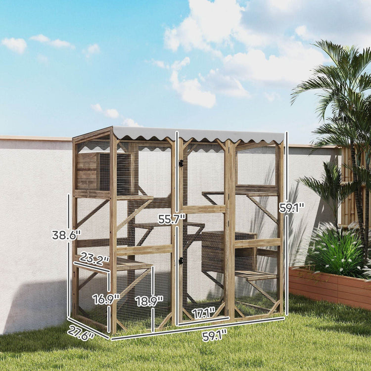 Large Outdoor Cat Enclosure with Window Access - 5-Level Catio with Waterproof Roof & Multiple Resting Houses for 2-3 Cats - The Max & Rex Collection