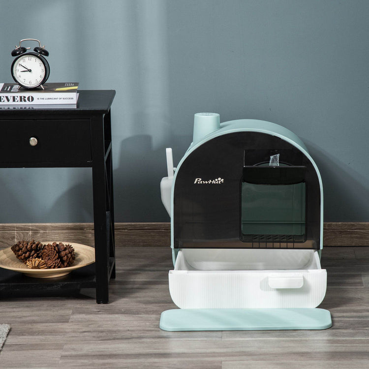 Covered Cat Litter Box with Odor Filter - Complete Privacy Kit with Tray, Scoop & Mat | Green Hooded Litter House - The Max & Rex Collection