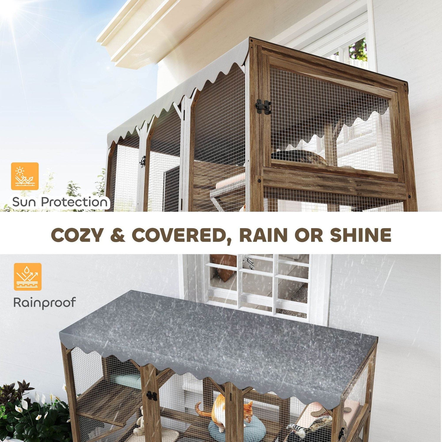 Large Outdoor Cat Enclosure with Window Access - 5-Level Catio with Waterproof Roof & Multiple Resting Houses for 2-3 Cats - The Max & Rex Collection