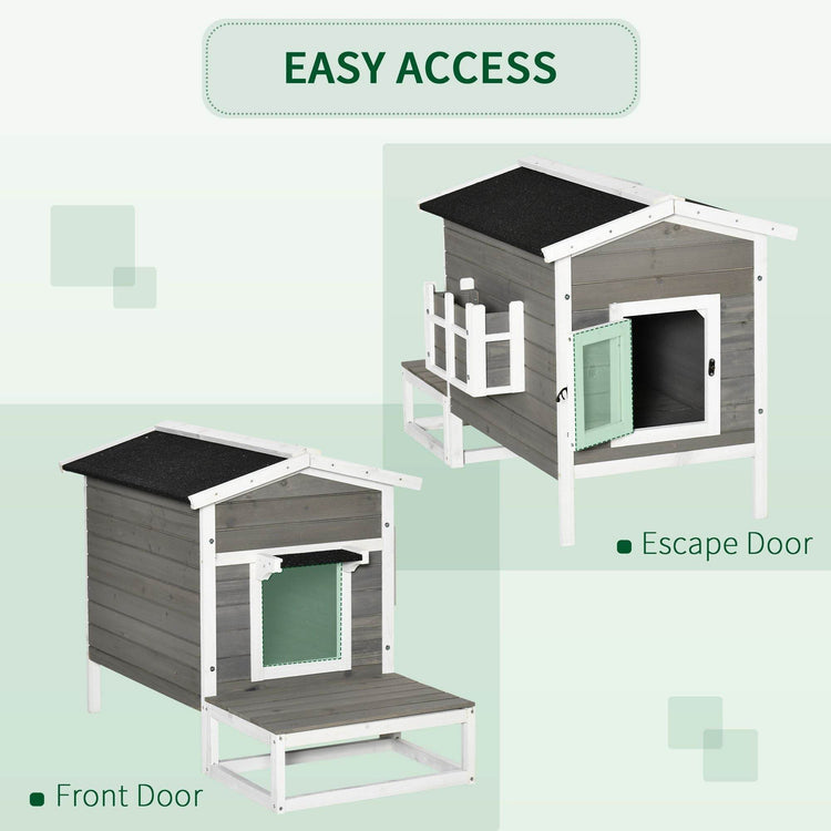Weatherproof Outdoor Cat House with Porch & Escape Door - Feral Cat Shelter with Plant Stand | Dark Grey/White Wood Construction - The Max & Rex Collection