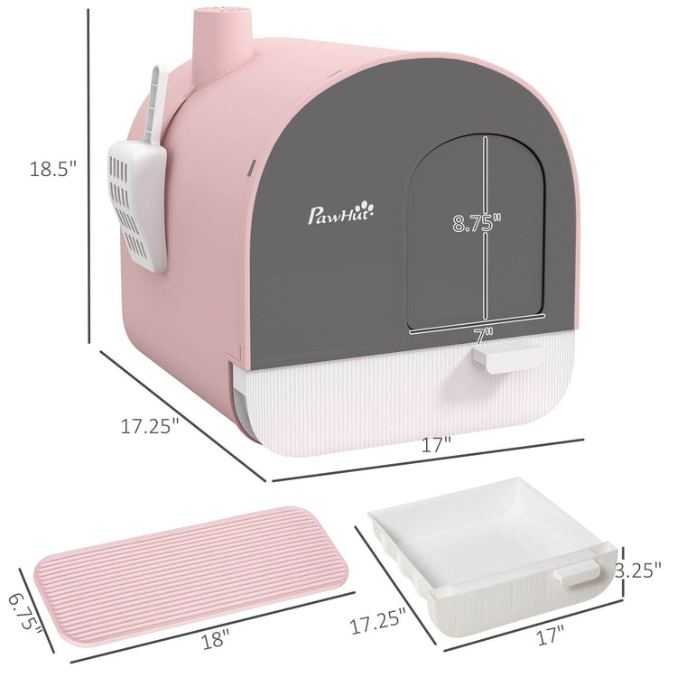Pink Covered Cat Litter Box with Odor Filter - Complete Privacy Kit with Tray, Scoop & Mat | Compact Hooded Litter House - The Max & Rex Collection