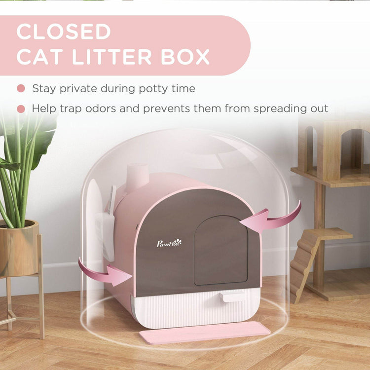 Pink Covered Cat Litter Box with Odor Filter - Complete Privacy Kit with Tray, Scoop & Mat | Compact Hooded Litter House - The Max & Rex Collection