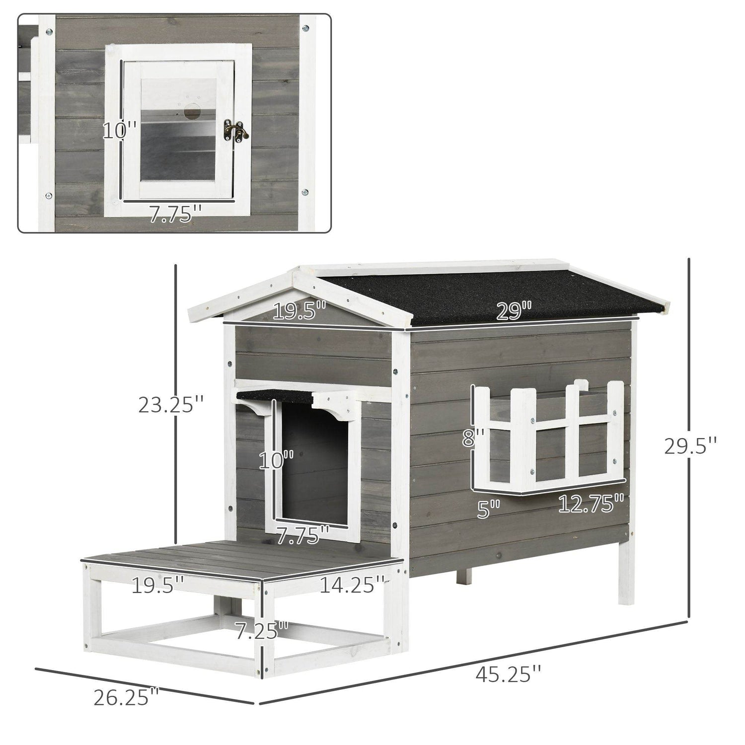 Weatherproof Outdoor Cat House with Porch & Escape Door - Feral Cat Shelter with Plant Stand | Dark Grey/White Wood Construction - The Max & Rex Collection