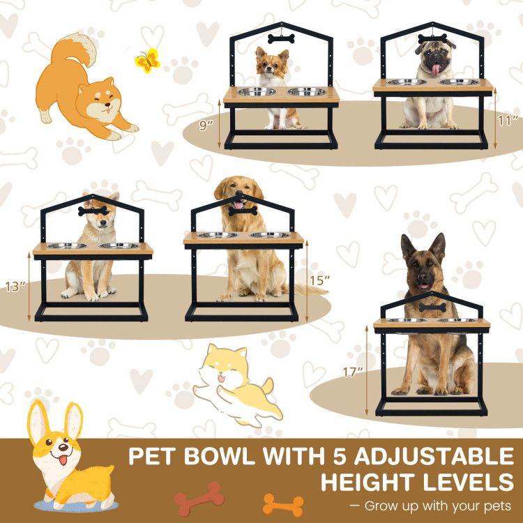 Adjustable Elevated Dog Feeder with 5 Height Settings - Premium Raised Pet Feeding Station with 2 Large Stainless Steel Bowls - The Max & Rex Collection