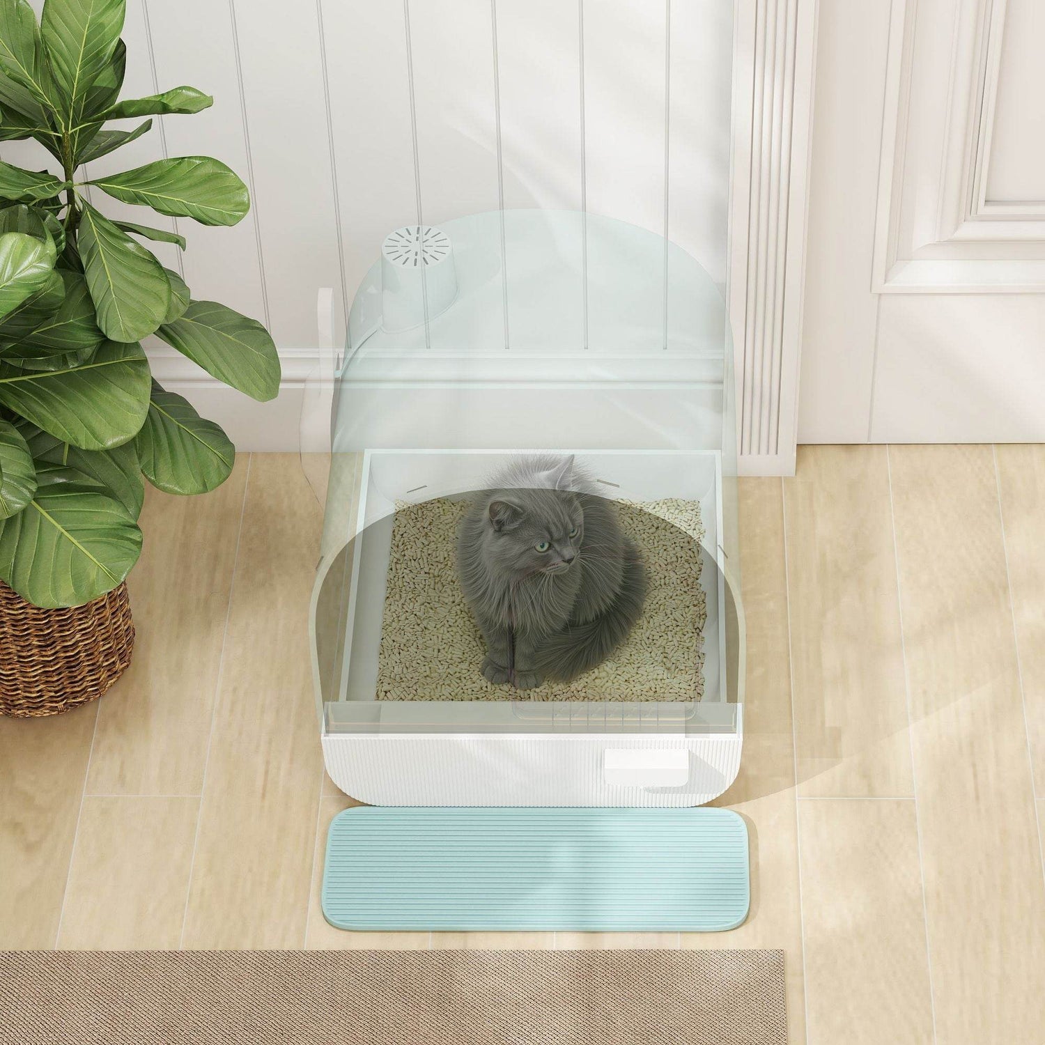 Covered Cat Litter Box with Odor Filter - Complete Privacy Kit with Tray, Scoop & Mat | Green Hooded Litter House - The Max & Rex Collection