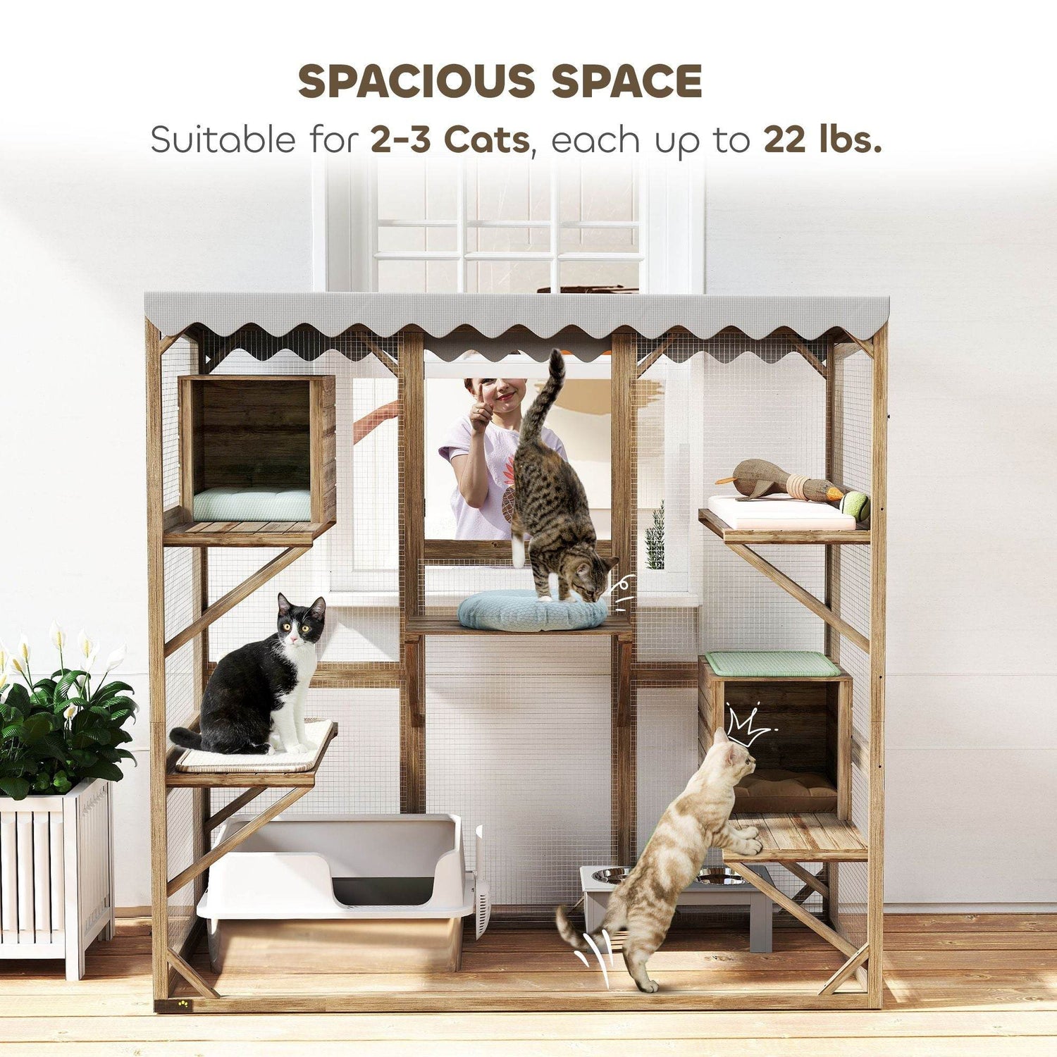 Large Outdoor Cat Enclosure with Window Access - 5-Level Catio with Waterproof Roof & Multiple Resting Houses for 2-3 Cats - The Max & Rex Collection
