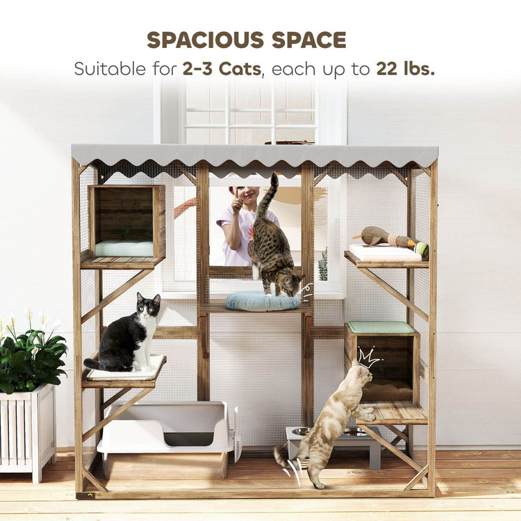 Large Outdoor Cat Enclosure with Window Access - 5-Level Catio with Waterproof Roof & Multiple Resting Houses for 2-3 Cats - The Max & Rex Collection