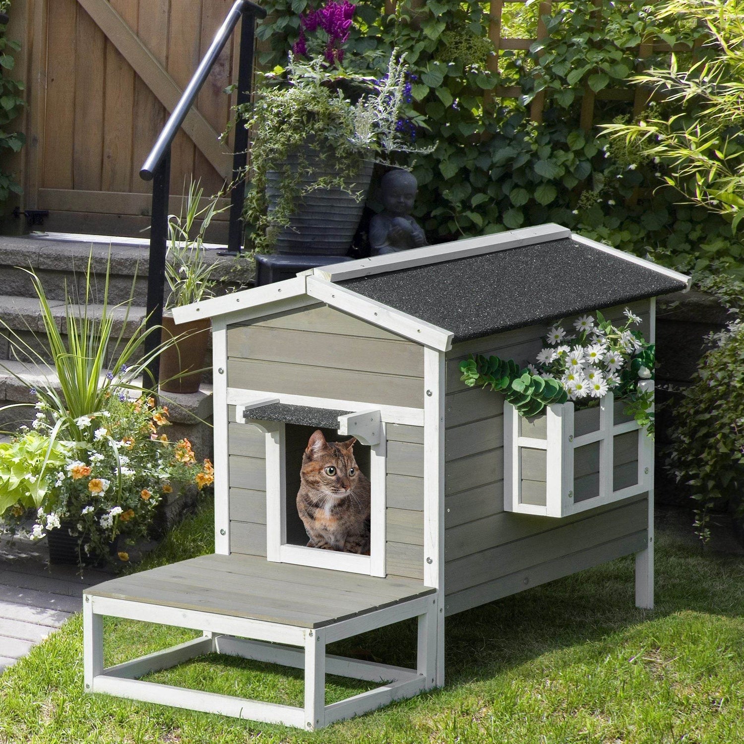 Weatherproof Outdoor Cat House with Porch & Escape Door - Feral Cat Shelter with Plant Stand | Dark Grey/White Wood Construction - The Max & Rex Collection