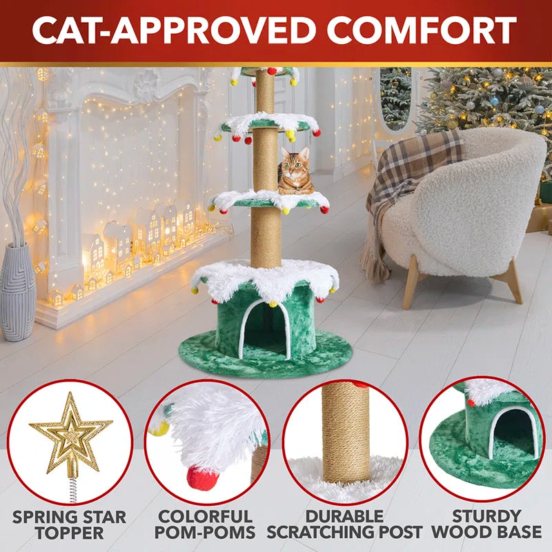 66" H 3 Tier Noble Fir Cat Christmas Tree with Removable Skirt & Scratching Post