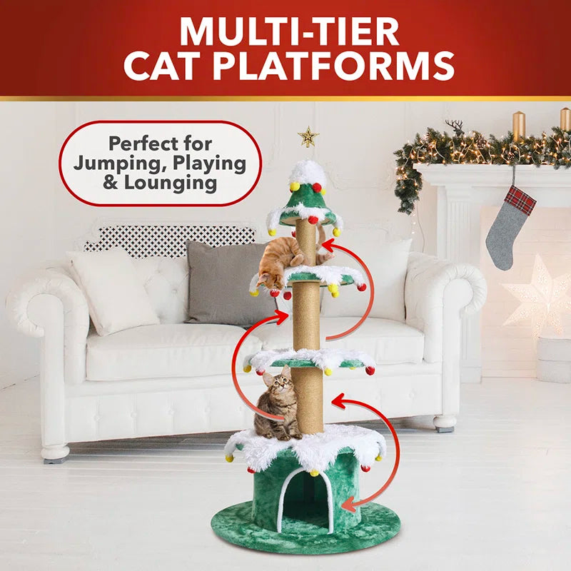 66" H 3 Tier Noble Fir Cat Christmas Tree with Removable Skirt & Scratching Post