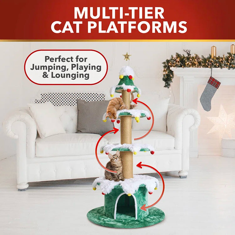 66" H 3 Tier Noble Fir Cat Christmas Tree with Removable Skirt & Scratching Post