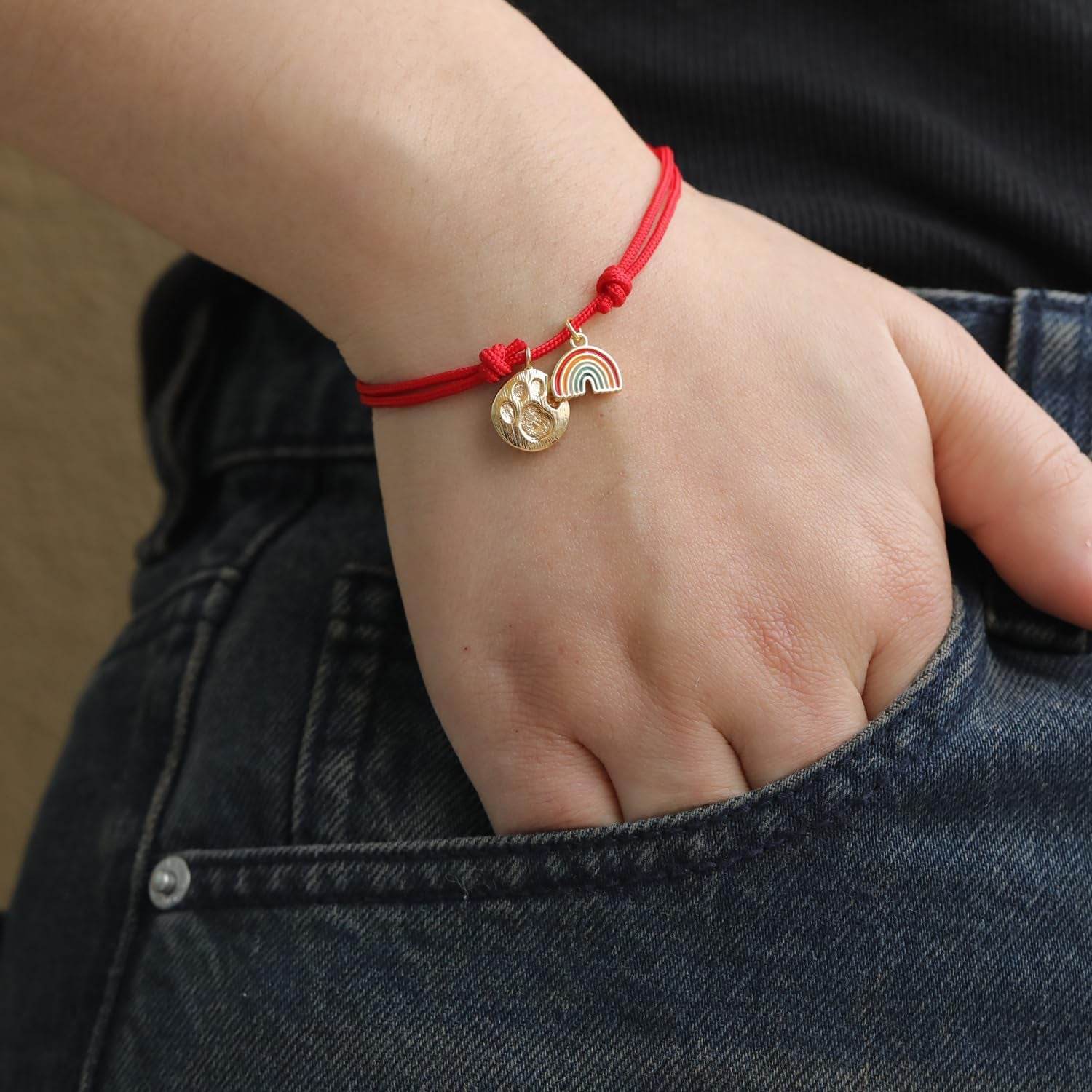Pet Memorial Bracelet with Rainbow Bridge & Paw Print Charm - Adjustable Red String Pet Loss Gift | Dog Cat Memory Jewelry - The Max & Rex Collection