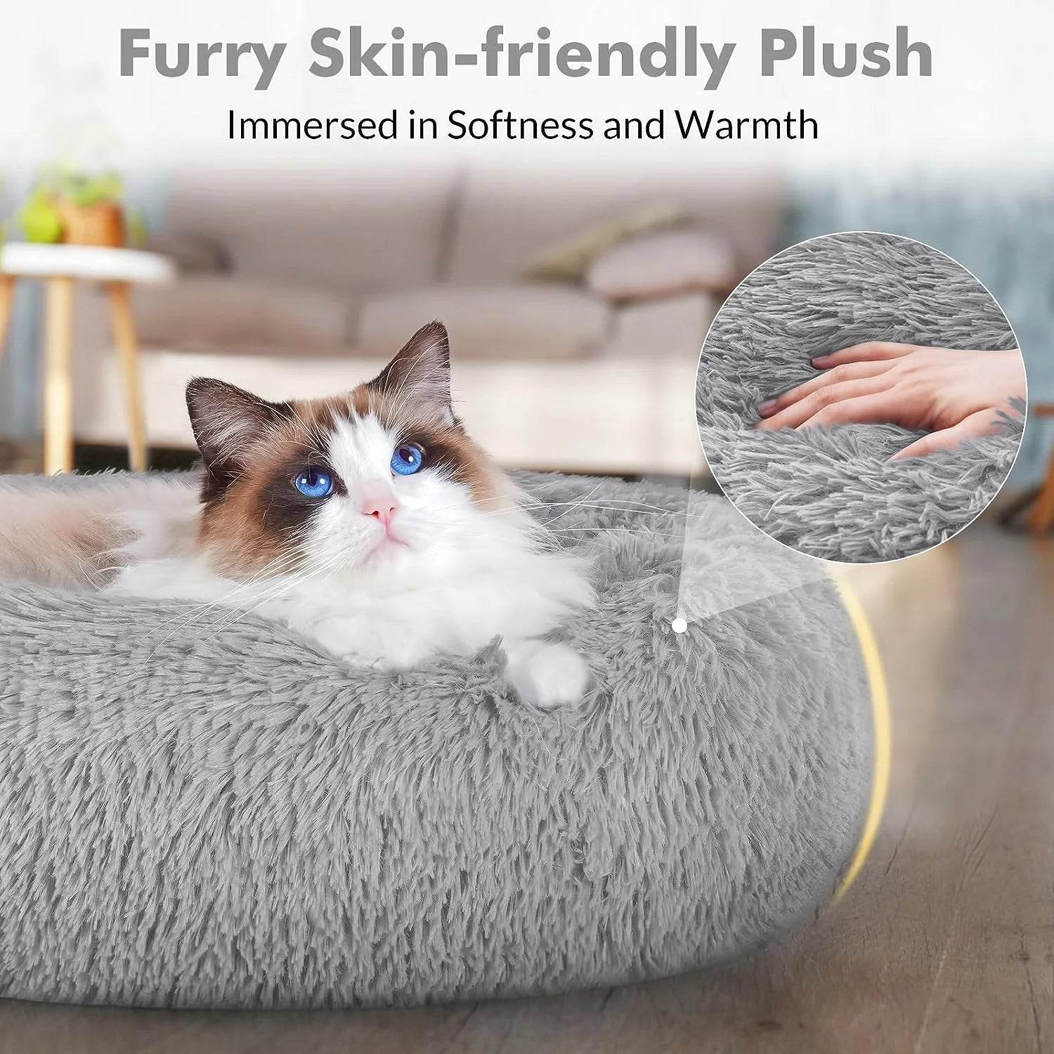 Cat Bed for Indoor Cats, Fluffy round Self Warming Calming Soft Plush Donut Cuddler Cushion Pet Bed for Small Dogs Kittens, 20 Inches - The Max & Rex Collection