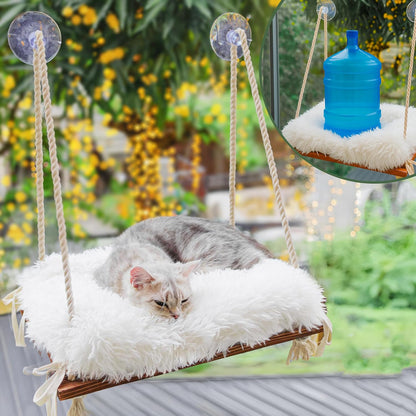 Cat Window Perch - Hammock Bed for Cats inside - Solid Wood Seat, 4 Strong Suction Cups, Soft Cushion - Rustic Indoor Pet Shelf