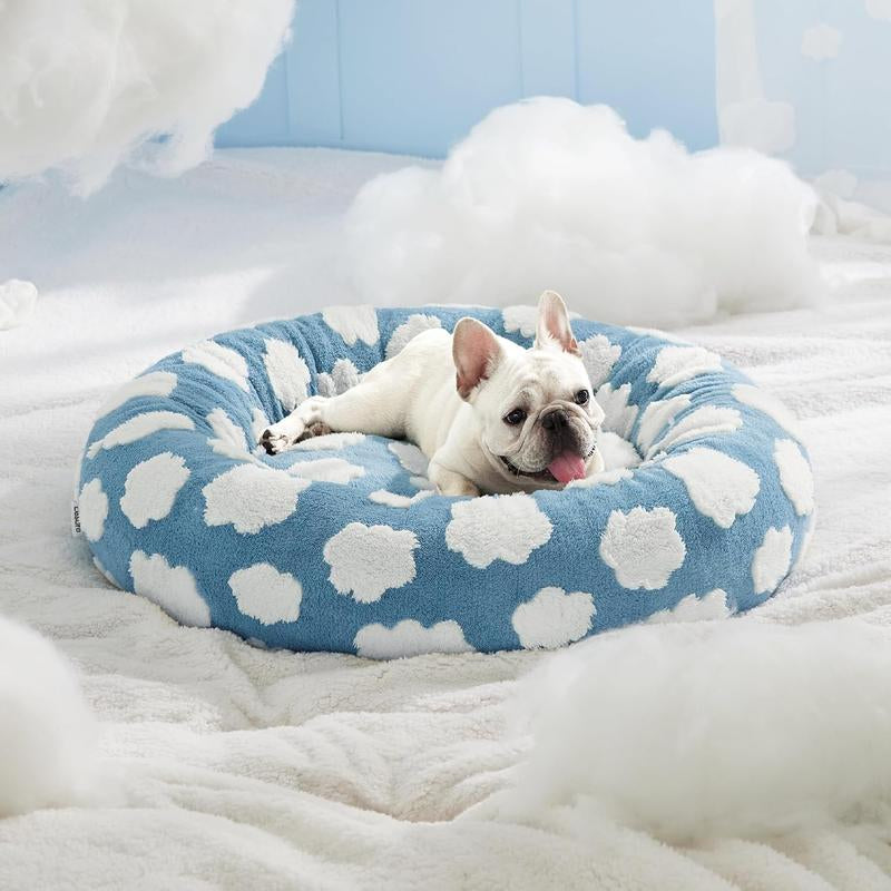 Donut Calming Pet Beds, Cute Modern Beds with Jacquard Shaggy Plush & anti Slip Bottom, 30 Inch, Blue