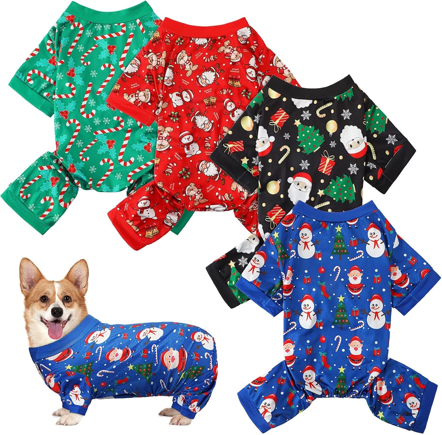 Weewooday 4 Pieces Christmas Dog Pajamas Christmas Element Puppy Clothes Santa Snowman Xmas Holiday Pet Puppy Pajamas Christmas Tree Snowflake Dog Pajama (Santa Patterns,Large)