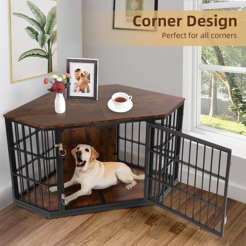 Corner design pet crate with a dog inside, placed in a room with a window and decor.