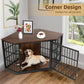 Large dog inside corner dog crate table with open latch door — wooden dog kennel furniture