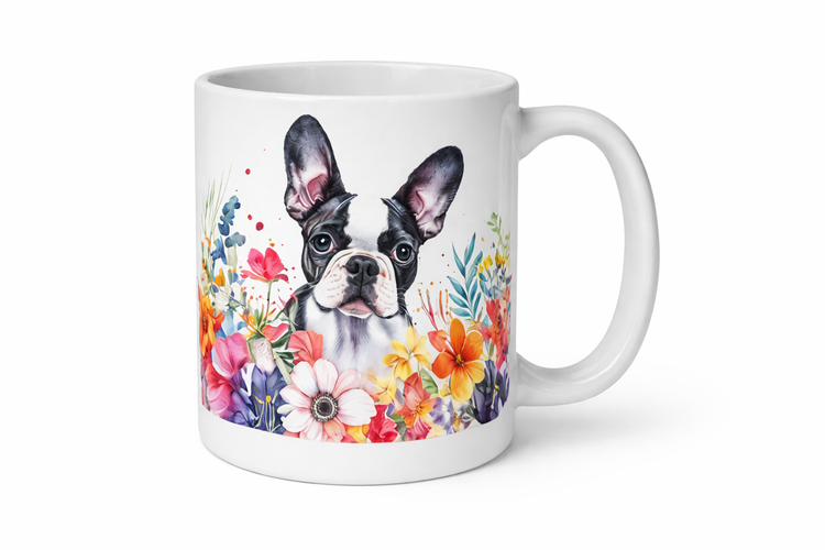 White mug with a dog and floral design on a white background