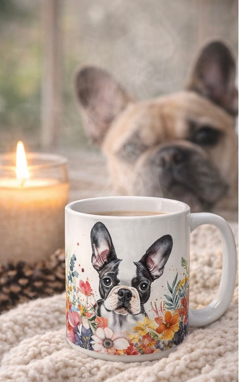 Mug with a dog design featuring a French Bulldog, next to a lit candle and a dog in the background.