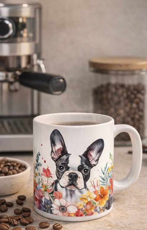 Mug with a dog illustration on a kitchen counter with coffee beans and an espresso machine.