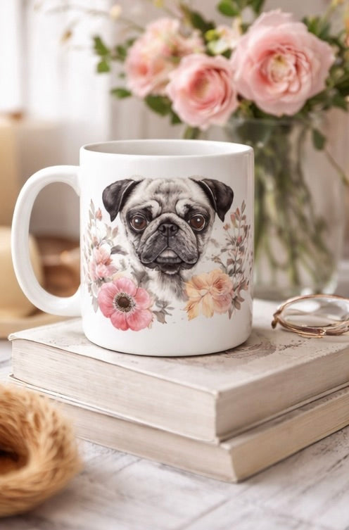 White mug with a pug design on a stack of books with flowers in the background