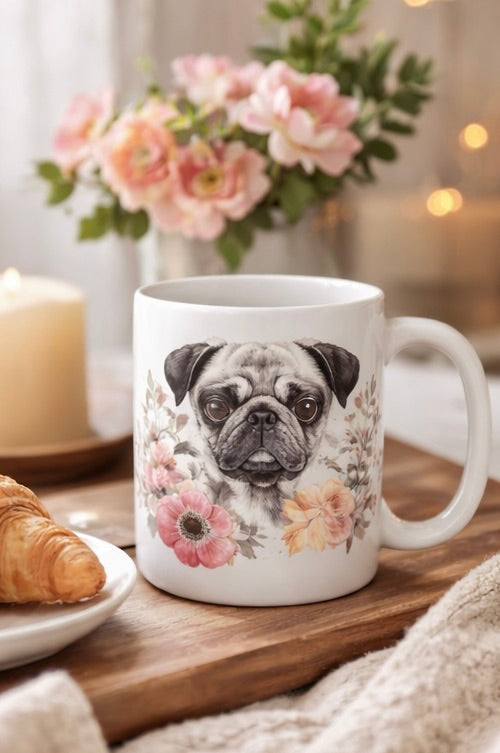 White mug with a pug design and floral patterns on a wooden surface with a croissant and flowers in the background.