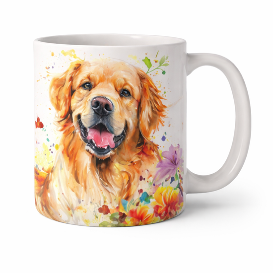 Mug with a colorful design of a golden retriever on a white background
