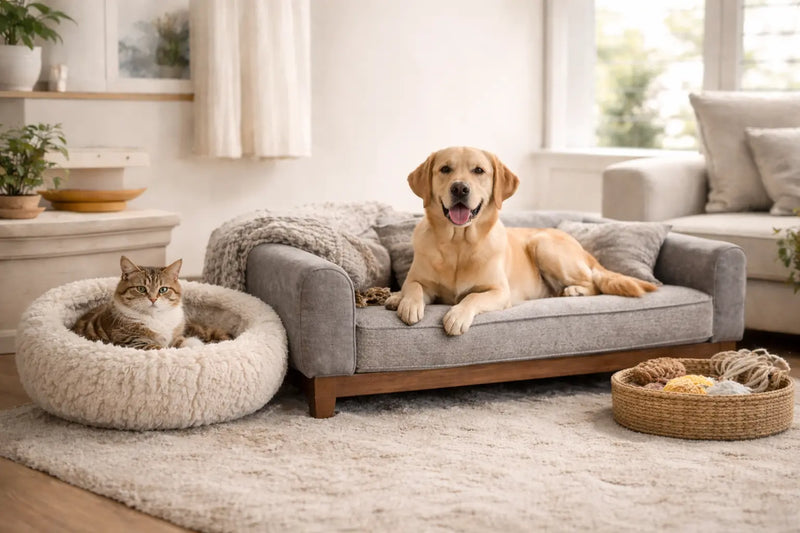Dog and cat lying on a pet bed and couch in a cozy living room.
