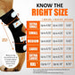 Knee brace size chart with measurements for different sizes on a white background.