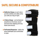 Black dog brace with reflective straps and text highlighting features on a white background