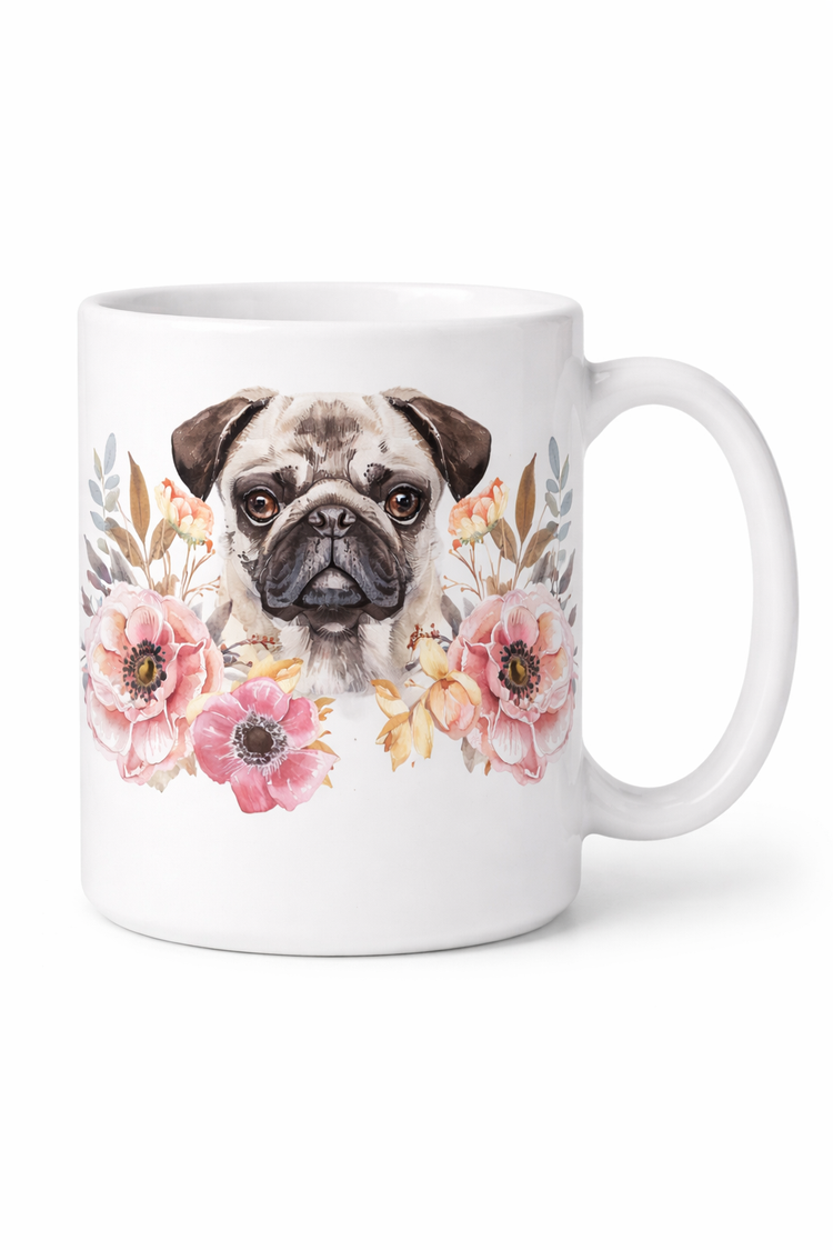 White mug with a pug and floral design on a white background