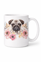 White mug with a pug and floral design on a white background