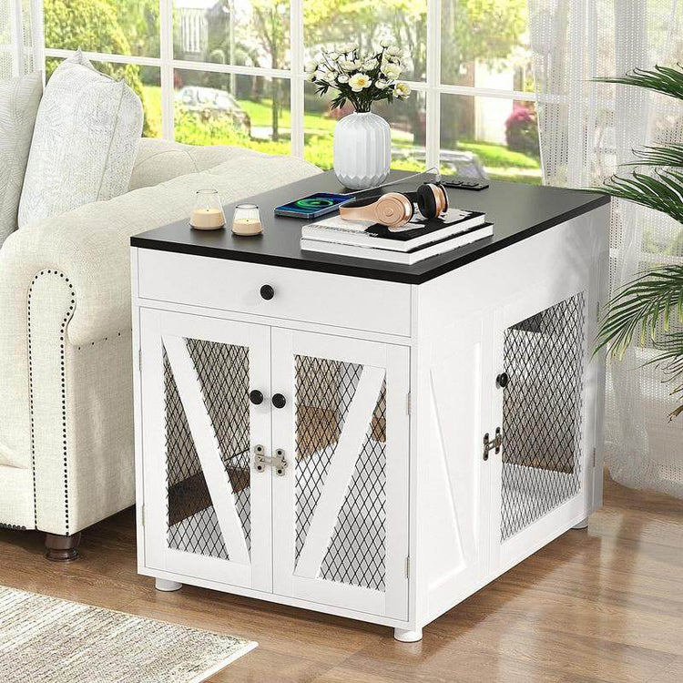 Furniture-Style Wooden Dog Crate End Table with USB Charging, Storage Drawer & Double Latch – For Medium Dogs up to 40 lbs - The Max & Rex Collection
