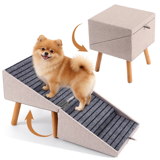 Ziluce 17" Dog Ramp Ottoman – Foldable Pet Ramp & Storage Ottoman | Linen Beige